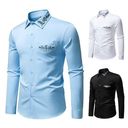 Herren Langarmhemd mit floralem Stickdesign EB