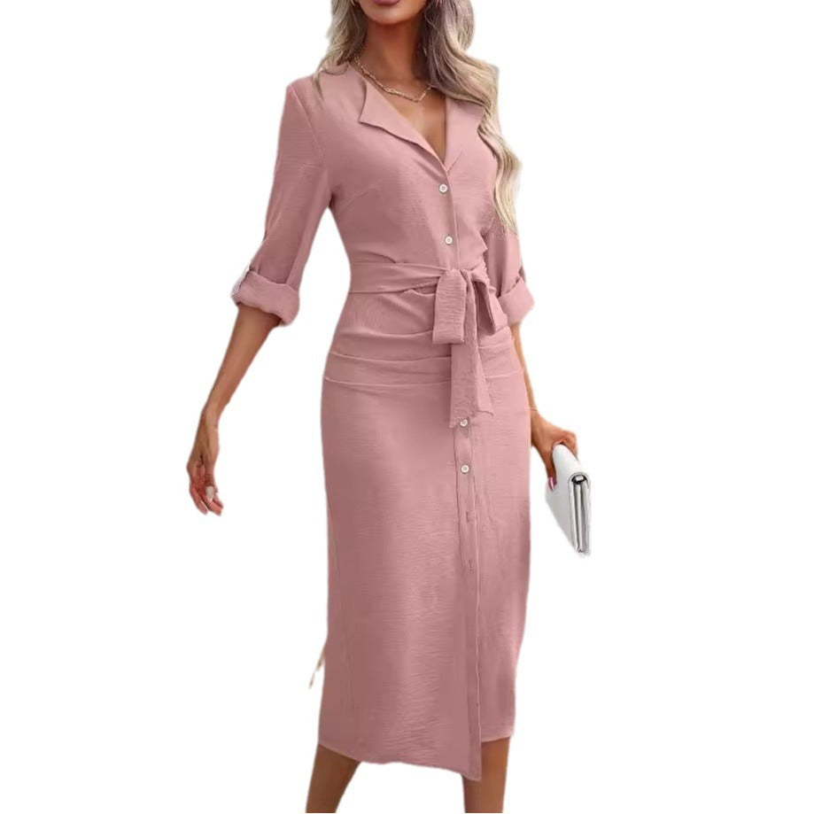 Damen Knielanges Hemdblusenkleid mit Taillengürtel EB