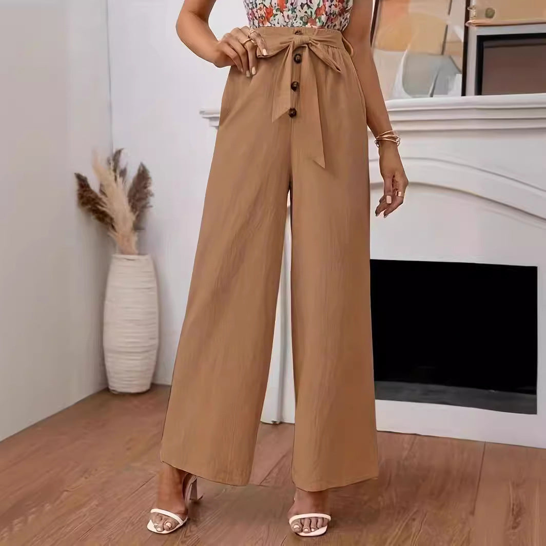 Damen weite Hochbundhose mit Bindegürtel und Knopfdetail EB