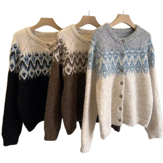 Damen Grobstrick Cardigan mit geometrischem Fair-Isle-Muster und eleganter Knopfleiste EB