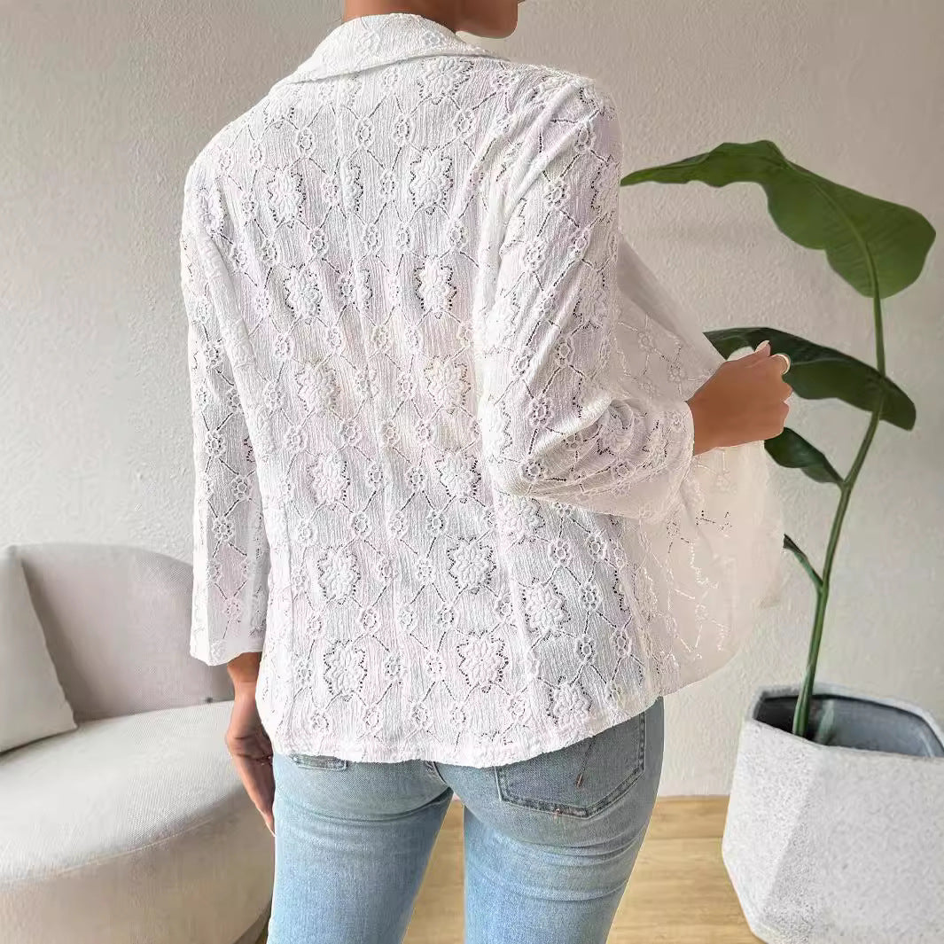 Damen nan transparenter Spitzenblazer mit Schalkragen und dreiviertellangen Ärmeln EB