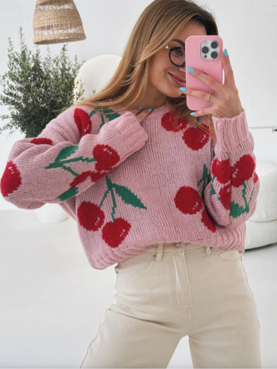 Damen lässiger Pullover mit fruchtigem Kirschmuster und weichem Strick EB