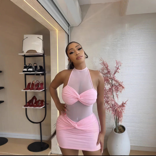 Damen Sexy Minikleid mit transparenten Einsätzen und elegantem Wickeldetail EB