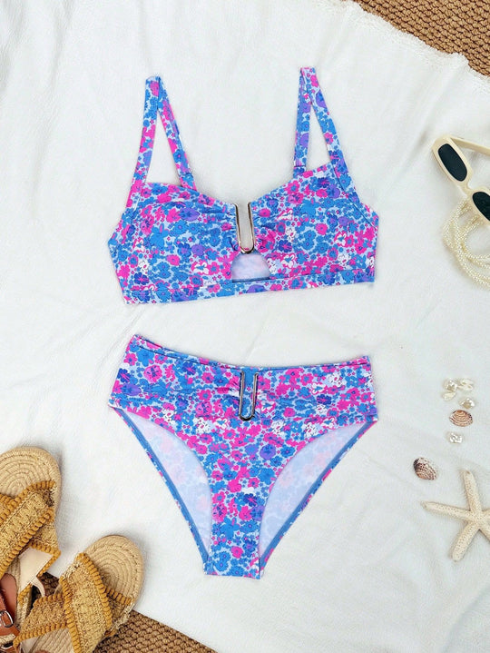 Damen Bikiniset mit modischem Verschluss und floralem Design EB