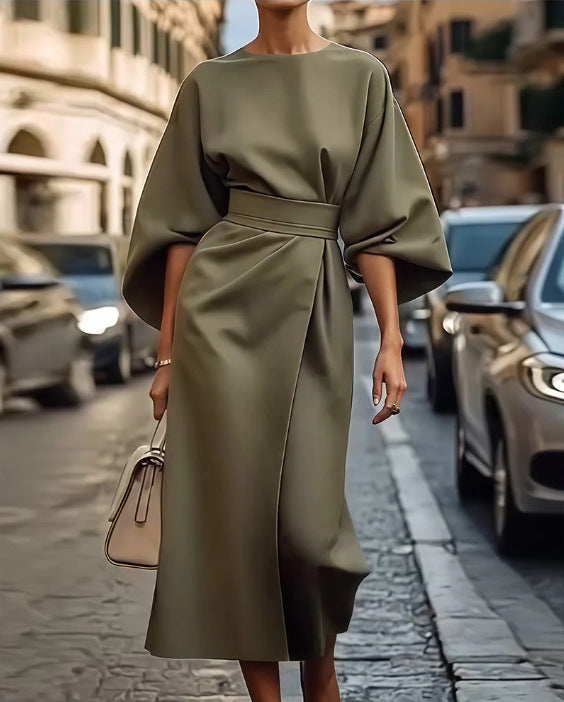 Damen elegantes Maxikleid mit Ballonärmel und tailliertem Schnitt EB