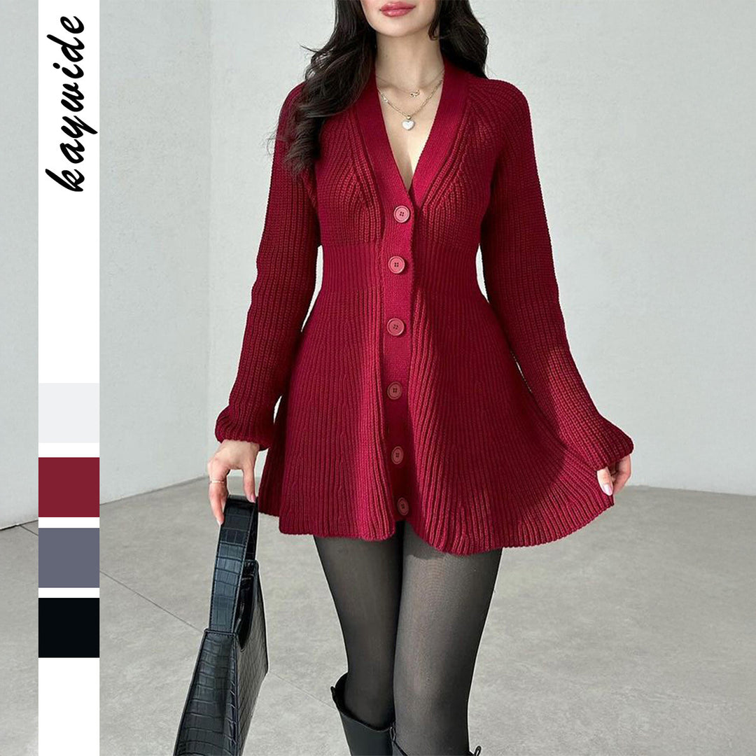 Damen nan tailliertes Strickkleid mit durchgehender Knopfleiste, V‑Ausschnitt und ausgestelltem A‑Linien‑Rock EB