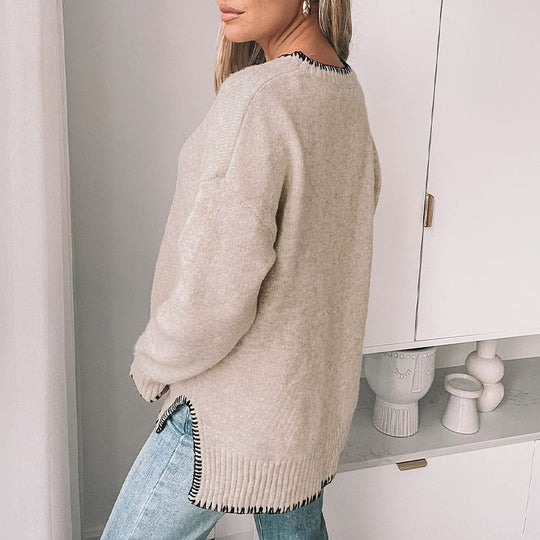Damen lässiger Strickpullover mit stylischem Kontrastsaum EB