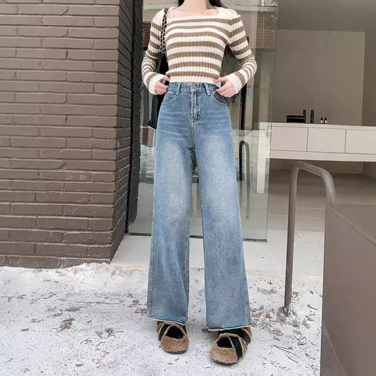 Damen Hochtaillierte weite Jeanshose im modernen Stil mit komfortablem Sitz EB