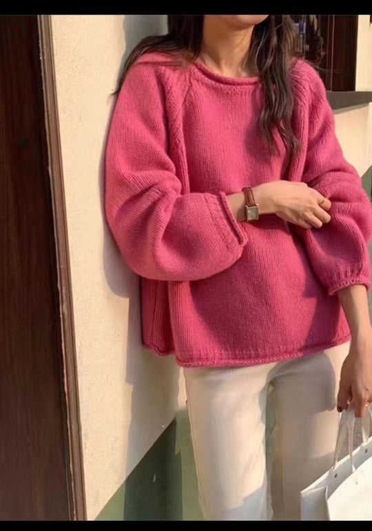 Damen gemütlicher Strickpullover mit lässigem Schnitt und luftigen Ärmeln EB