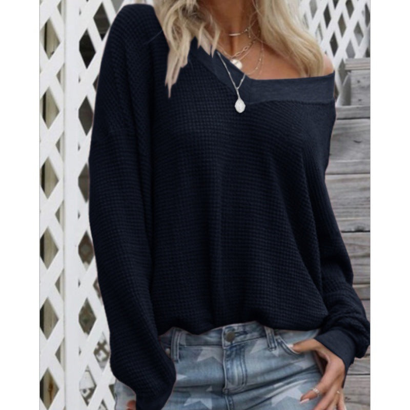 Damen Lockerer Waffelstrick-Pullover mit weitem Off-Shoulder-Ausschnitt und Oversize-Schnitt EB
