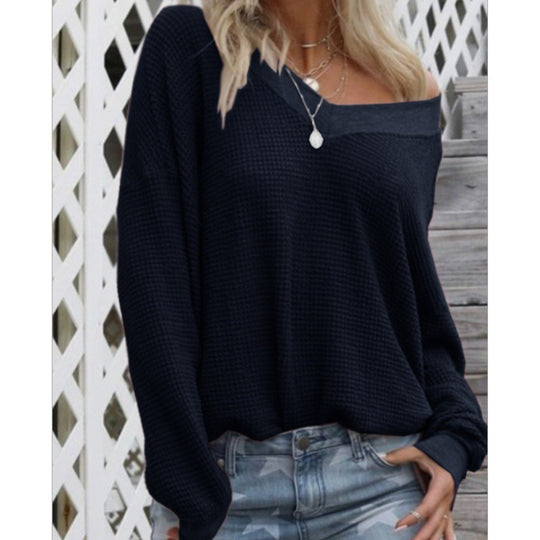 Damen Lockerer Waffelstrick-Pullover mit weitem Off-Shoulder-Ausschnitt und Oversize-Schnitt EB