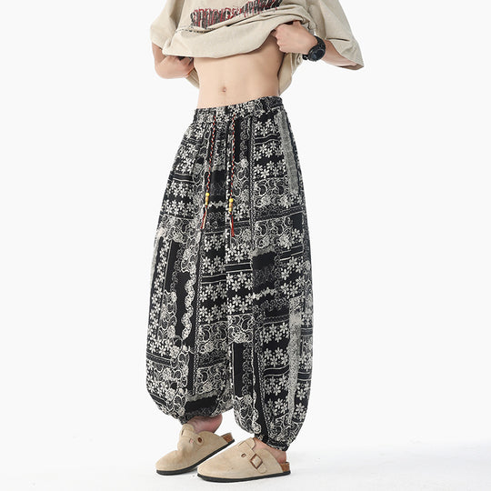Damen nan lässige Pluderhose im Ethno-Print mit elastischem Bund, Kordelzug und gesmokten Bündchen EB