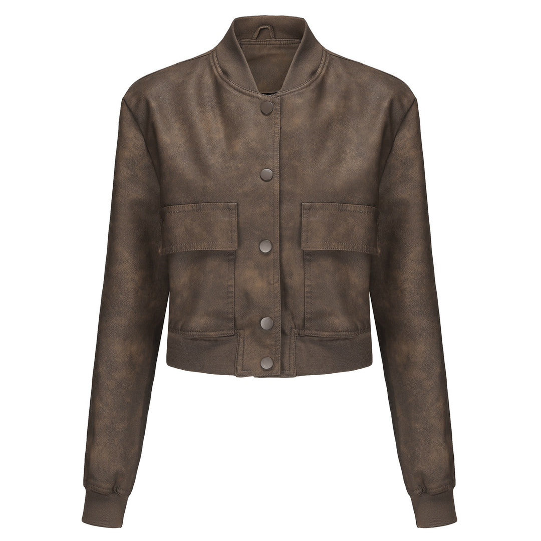 Damen Kunstleder Bomberjacke mit praktischen Taschen und elastischen Bündchen EB
