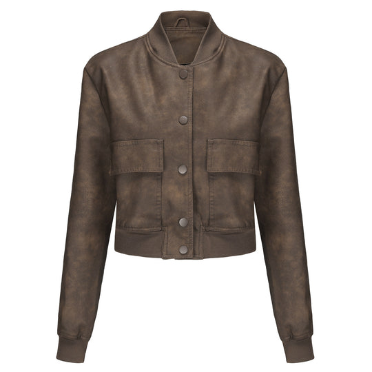 Damen Kunstleder Bomberjacke mit praktischen Taschen und elastischen Bündchen EB