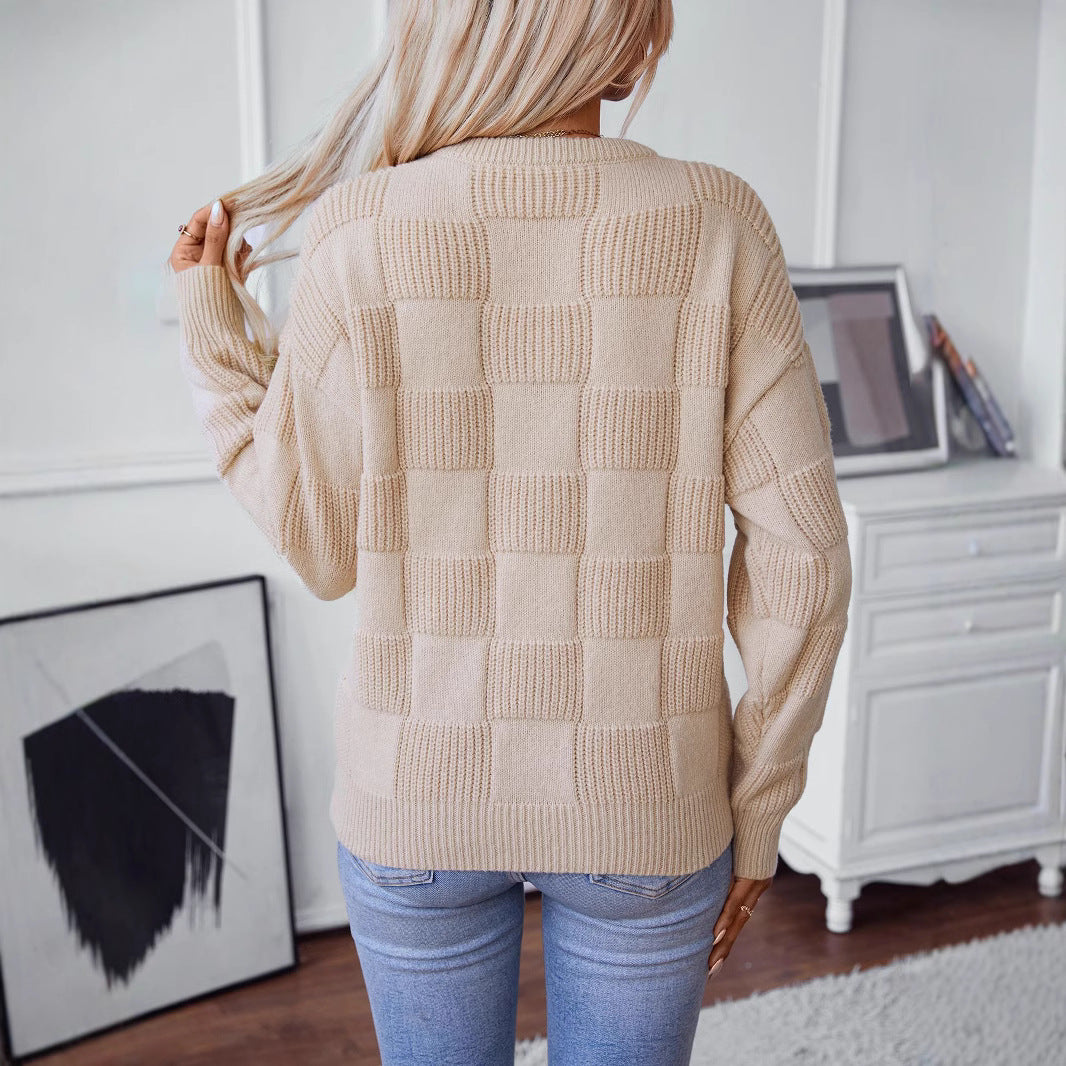 Damen Strickpullover mit modischem Karomuster und lässigem Schnitt EB