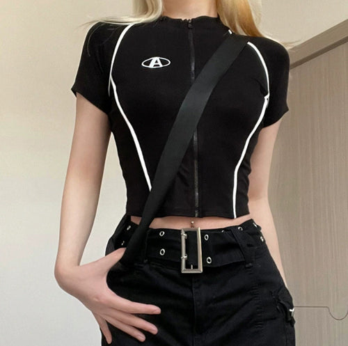 Damen Sportliches Kurzarm-Top mit Reißverschluss und kontrastierenden Nähte EB