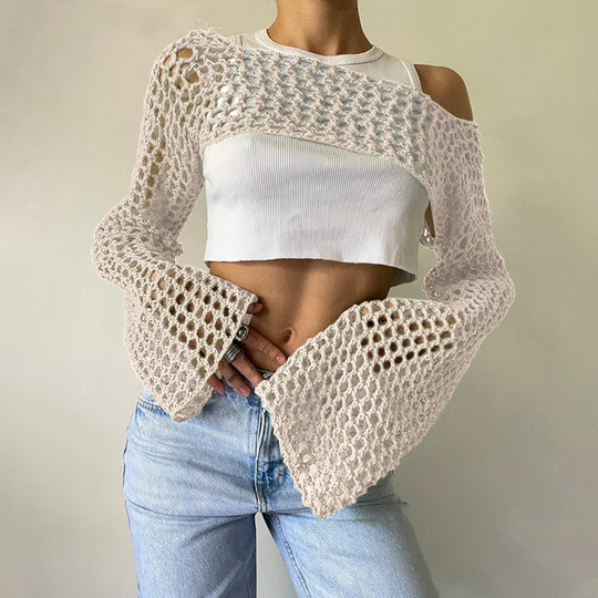 Damen gehäkelter kurzer Bolero mit asymmetrischem Schulterauschnitt und ausgestellten Ärmeln EB