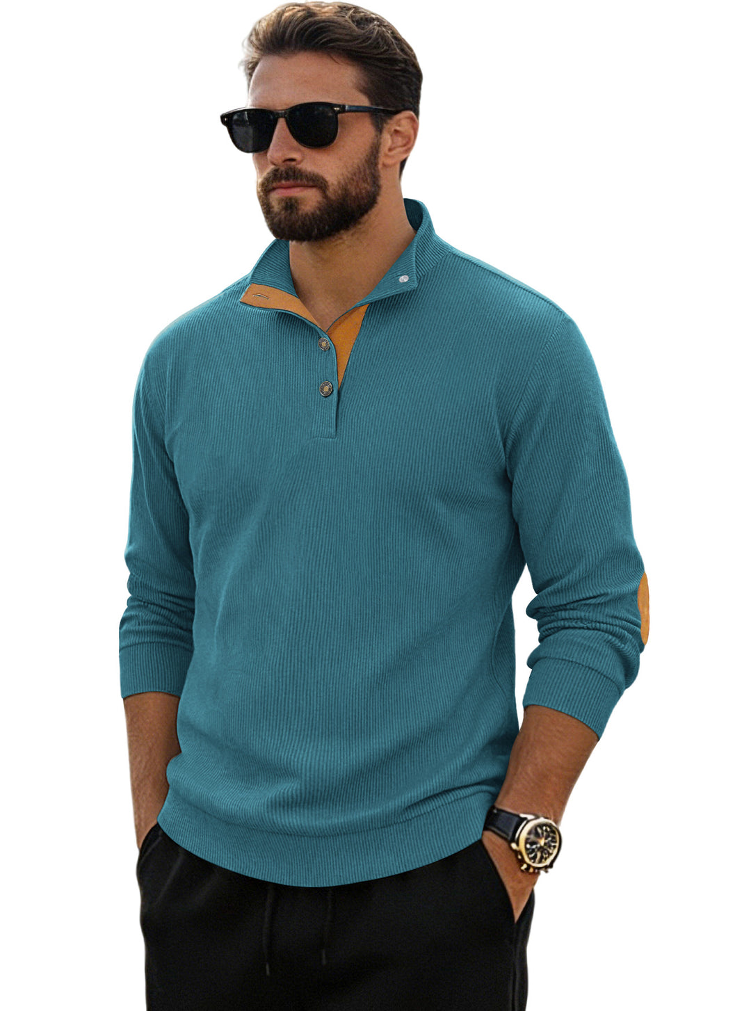 Herren nan fein gerippter Strickpullover mit Polokragen Knopfleiste und Ellenbogenbesatz EB
