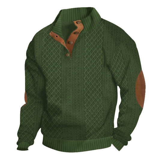 Herren nan gehobener Strickpullover mit Rautenmuster, hohem Rippkragen, knöpfbarer Latzleiste und Lederbesatz an Ellenbogen EB