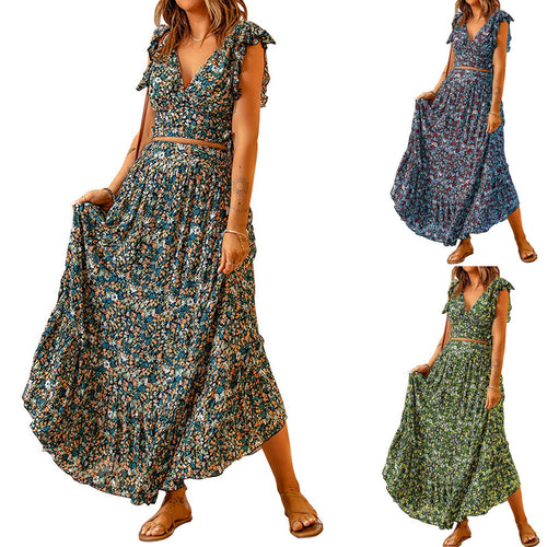 Damen Maxikleid mit floralem Design und ausgestellten Ärmeln EB