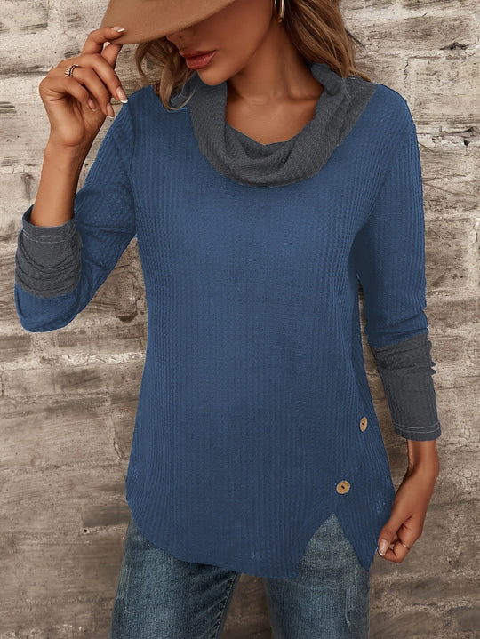 Damen Langarmshirt mit modischem Cowl-Neck und Knopfdetails EB