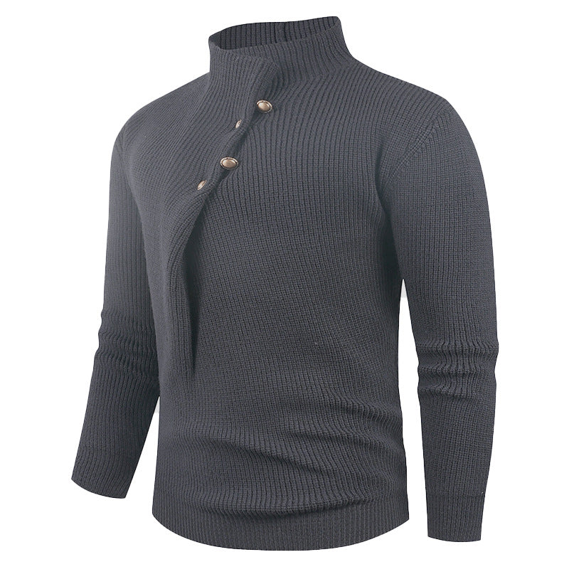 Herren Strickpullover mit asymmetrischem Kragen und dekorativen Holzknöpfen EB