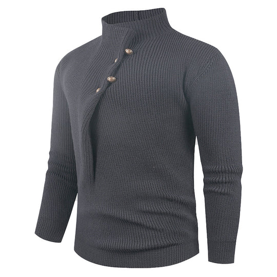Herren Strickpullover mit asymmetrischem Kragen und dekorativen Holzknöpfen EB