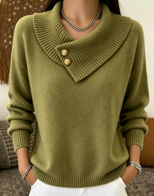 Damen Feinstrick-Pullover mit überlappendem Schalkragen und Zierknöpfen EB