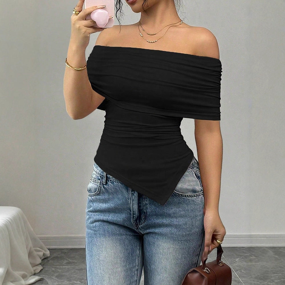 Damen Off-Shoulder Blusenshirt mit asymmetrischem Saum und Raffung EB