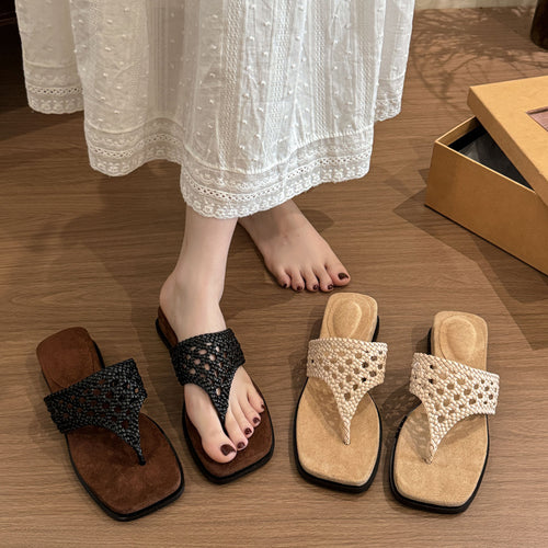 Damen Bequeme Zehentrenner-Sandalen mit hochwertigen geflochtenen Riemen und rutschfester Sohle EB