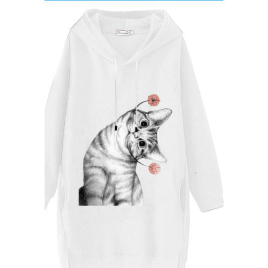 Damen Oversize Kapuzenkleid aus Sweat mit großem Katzenprint und Seitentaschen EB