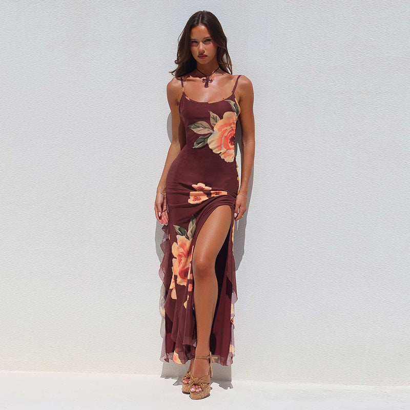 Damen elegantes Maxikleid mit floralem Design und seitlichem Schlitz EB