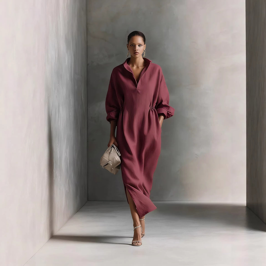 Damen stilvolles Midikleid mit Bindegürtel und klassischem Kragen EB