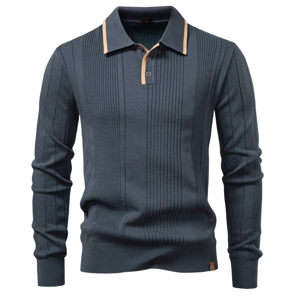 Herren nan langärmeliger Polopullover aus Feinstrick mit vertikalen Rippenintarsien und Kontrastkanten EB
