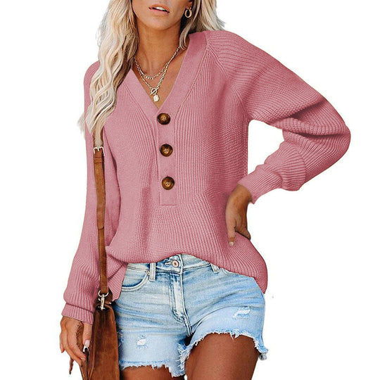 Damen Strickpullover mit V-Ausschnitt und dekorativen Knöpfen EB