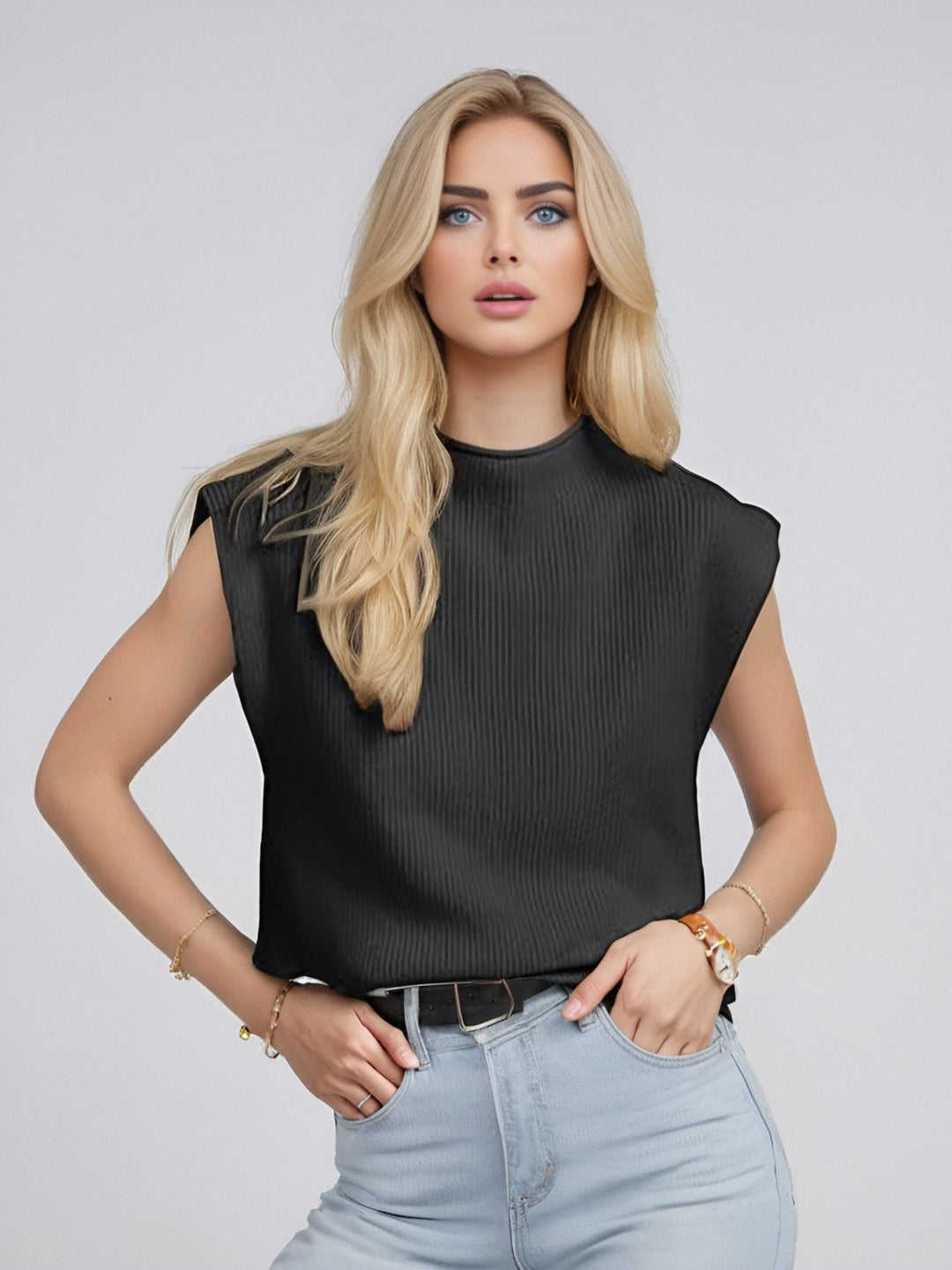 Damen elegantes Rippstrickoberteil mit hohem Kragen EB