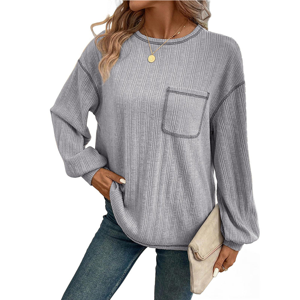 Damen Bequemer Langarm-Shirt mit Rippenstruktur und Brusttasche EB