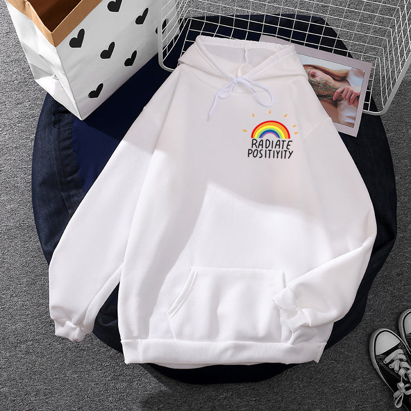 Damen nan lockerer Kapuzenpullover mit Regenbogen-Motiv, weichem Fleecefutter und Kängurutasche EB