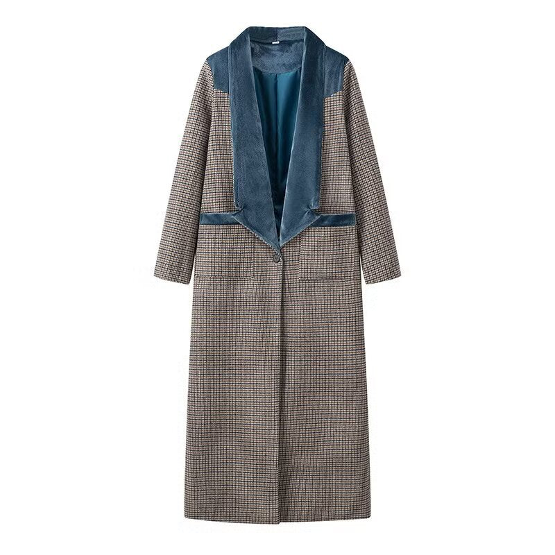 Damen eleganter längerer Blazer mit feinem Karomuster und flauschigem Kragen EB