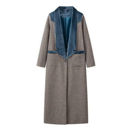 Damen eleganter längerer Blazer mit feinem Karomuster und flauschigem Kragen EB