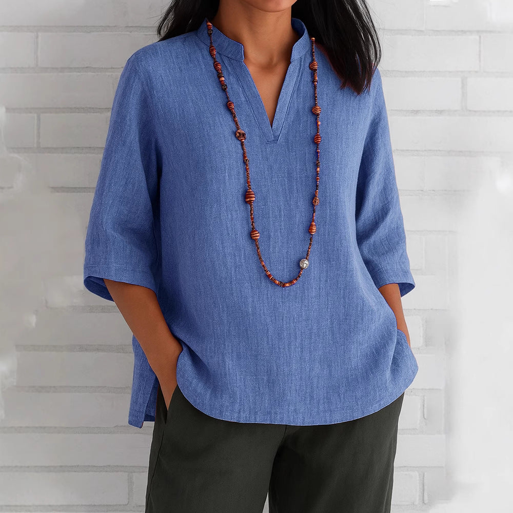 Damen lässige Bluse mit V-Ausschnitt und seitlichen Taschen EB
