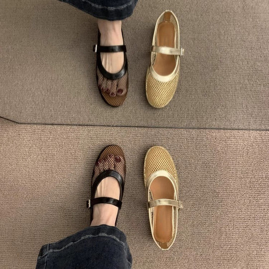 Damen Atmungsaktive Netz-Ballerinas im Mary-Jane-Stil mit verstellbarem Riemen EB