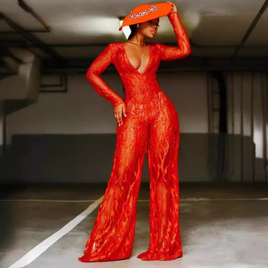 Damen Elegantes Jumpsuit aus transparenter Spitze mit V-Ausschnitt und weiten Beinen EB