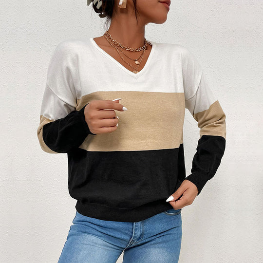Damen V-Ausschnitt Pullover mit gestreiftem Design und lässigem Schnitt EB