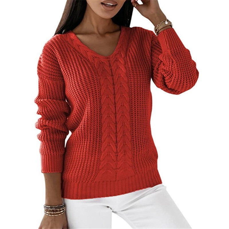 Damen nan grob gestrickter V-Ausschnitt Pullover mit Zopfmuster und lockerer Silhouette EB