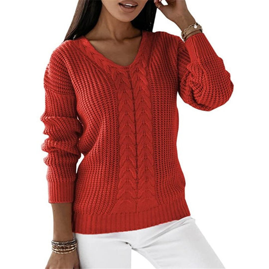 Damen nan grob gestrickter V-Ausschnitt Pullover mit Zopfmuster und lockerer Silhouette EB