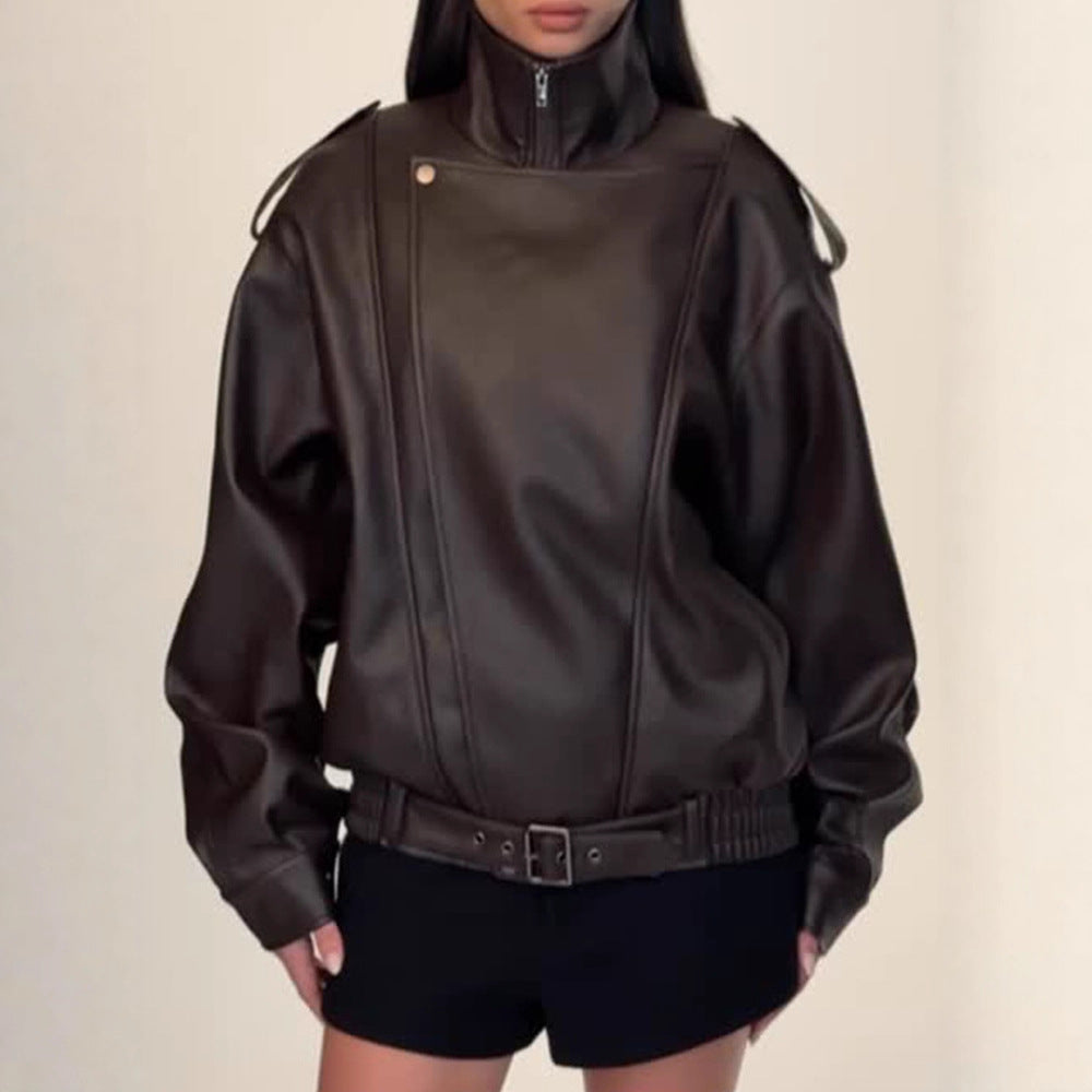 Damen Oversized Kunstlederjacke mit hohem Kragen und voluminösen Ärmeln EB