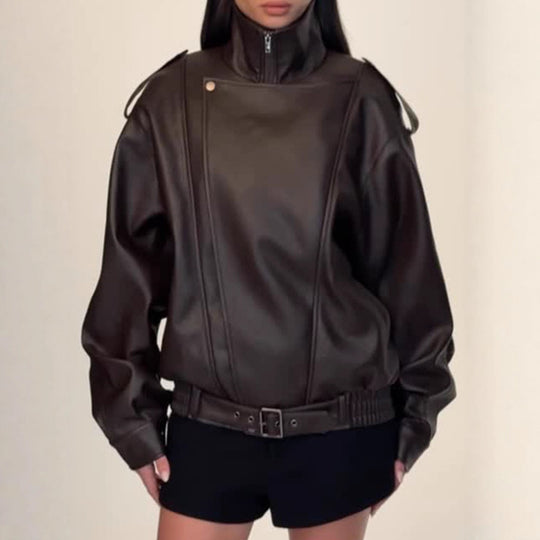 Damen Oversized Kunstlederjacke mit hohem Kragen und voluminösen Ärmeln EB