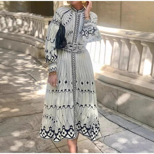 Damen Elegantes Hemdkleid mit grafischem Muster und schwingenden Ärmeln EB