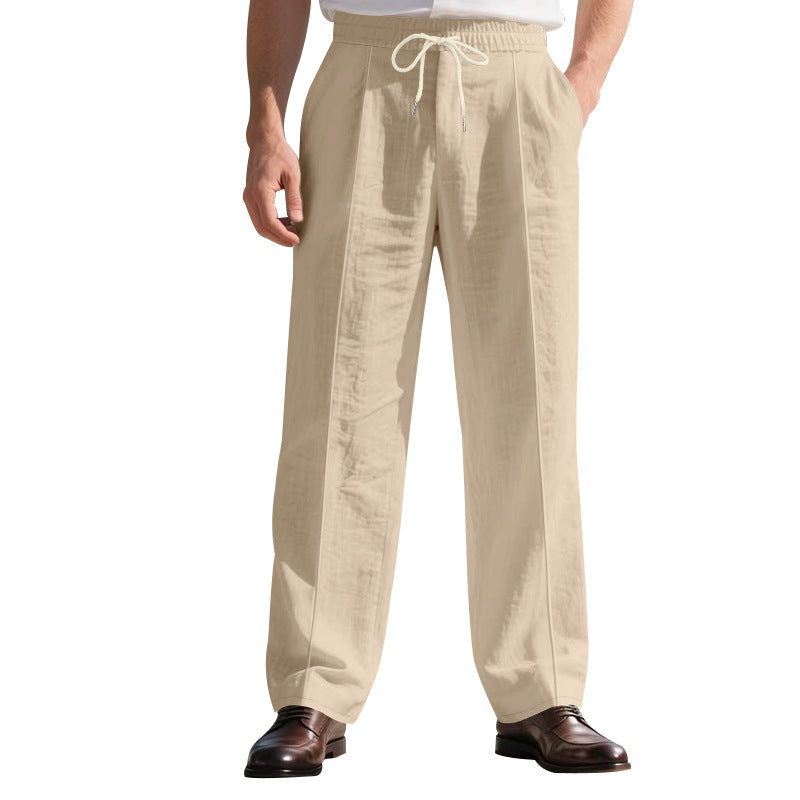 Herren nan legere Leinen-Bundfaltenhose mit elastischem Bund und Kordelzug EB